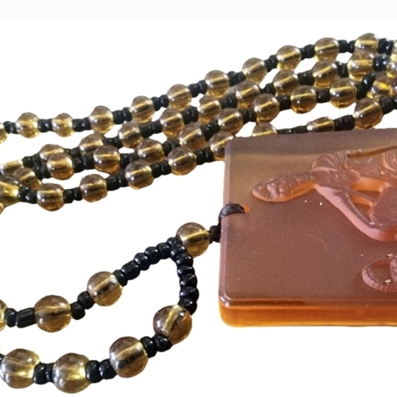 Cameo Amber Glass Pendant Beaded Prayer Beads Knot Necklace Jewelry Art Deco - Picture 7 of 10